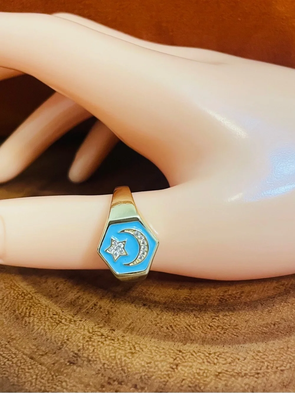 Turquoise Enamel and CZ Moon and Star Gold Filled Adjustable Ring NWOT